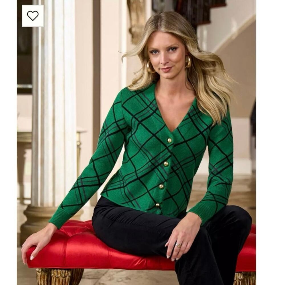 Boston Proper Green Plaid Cardigan